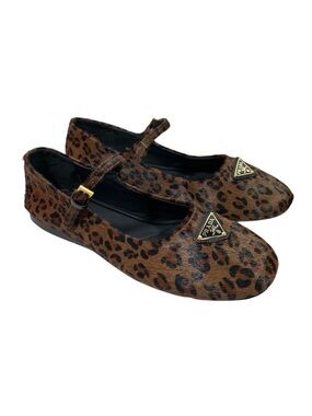 Prada Leopard Print Mary Jane Ballerina Flats Brown Black Size 38 Calf Leather